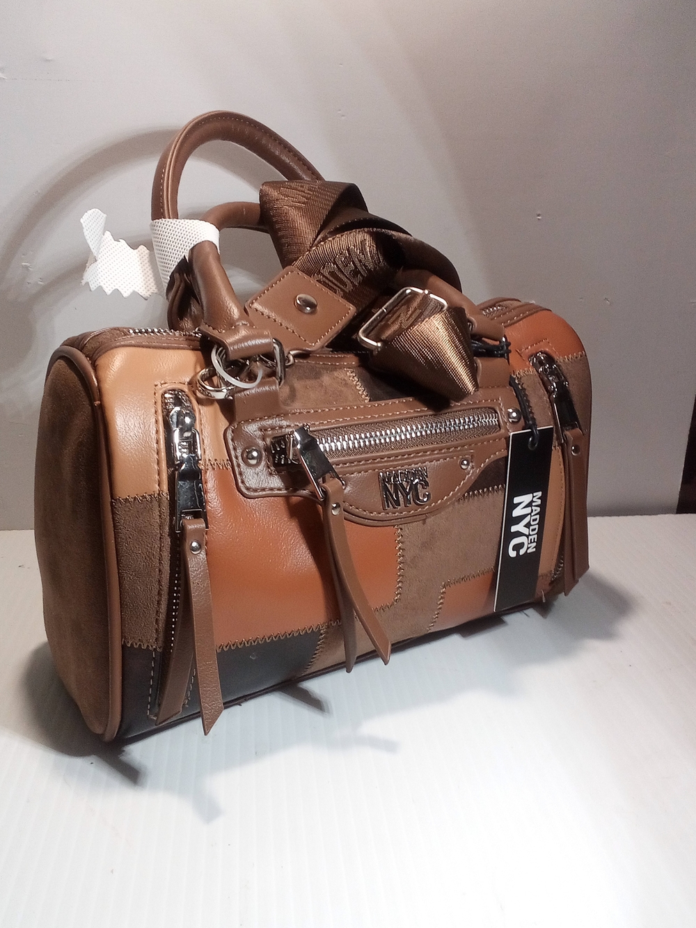 Madden NYC Brown Patchwork Satchel Top Handle, Small, Detachable Strap Zip